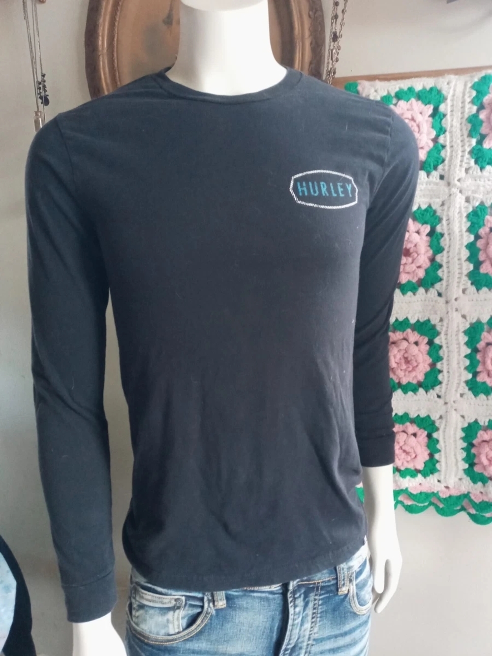 Hurley Black Long Sleeve Crewneck with Chest Logo